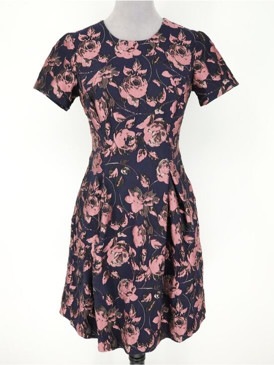 Vince Camuto Dresses & Skirts - Vince Camuto Dress Womens 6 Navy Blue Pink Floral Brocade Pleated Lined Pockets